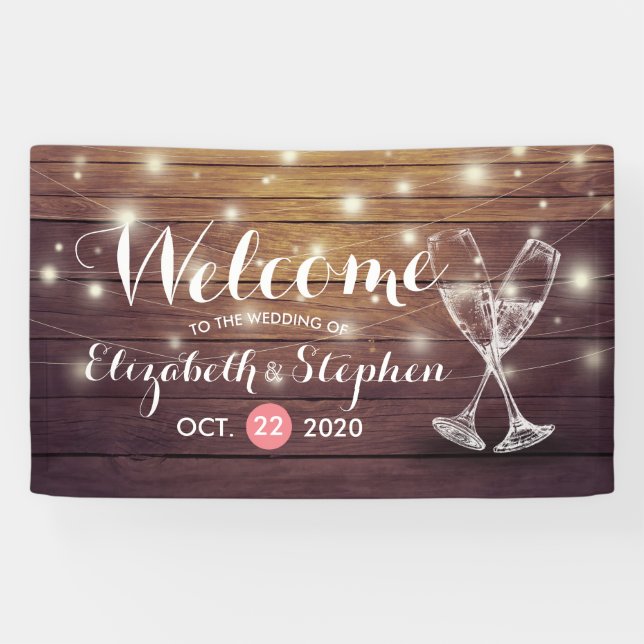 Lona Banner de bienvenida boda Champagne Glass Wood Lig (Horizontal)