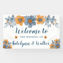 Lona Banner de bienvenida Boda de flores azules y Naran