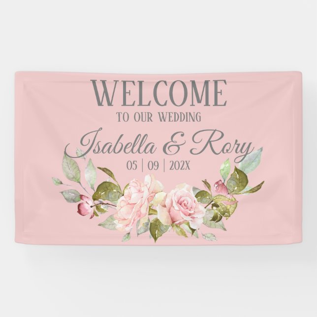 Lona Banner de bienvenida Boda de Rosas Rosa bonito (Horizontal)