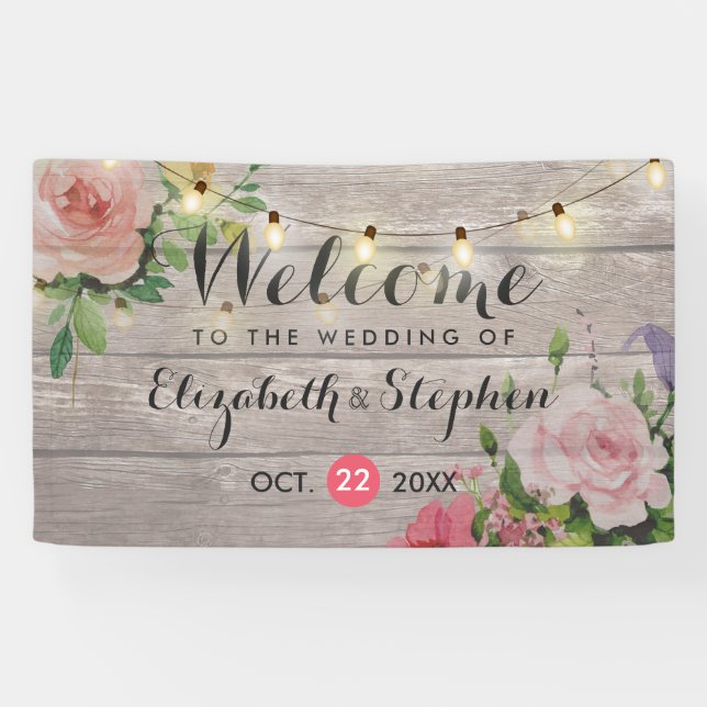 Lona Banner de bienvenida Boda Floral String Lights (Horizontal)