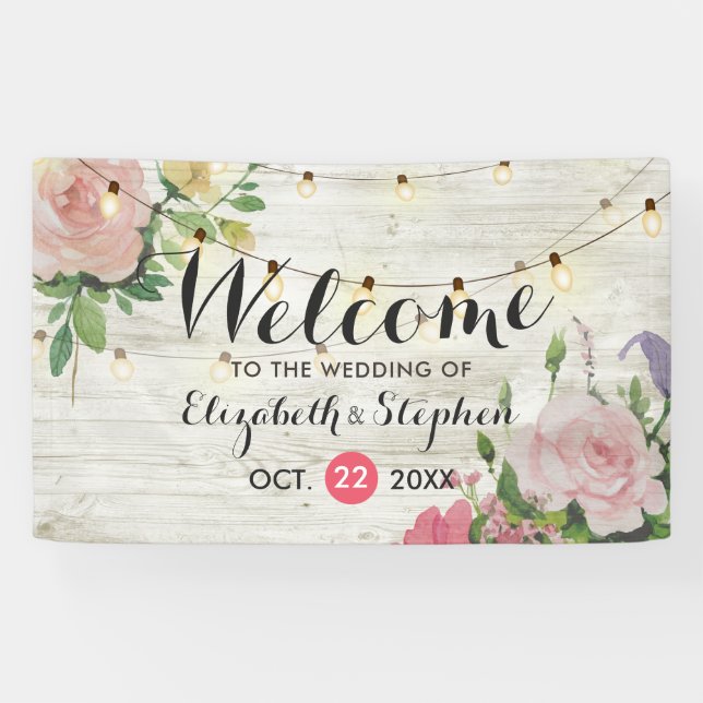 Lona Banner de bienvenida Boda Floral String Lights (Horizontal)