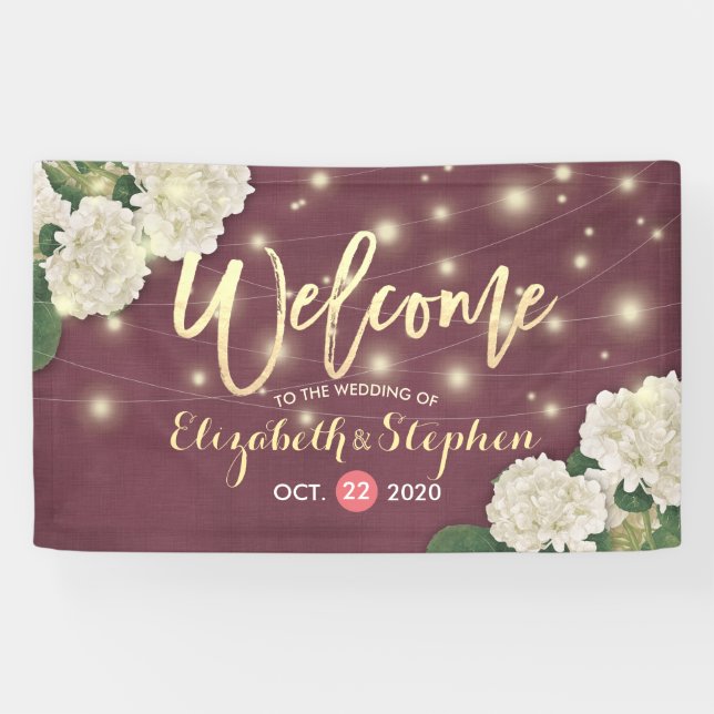 Lona Banner de bienvenida boda Hydrangea String Luces R (Horizontal)