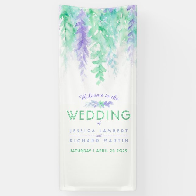 Lona Banner de bienvenida de arte boda verde púrpura (Vertical)