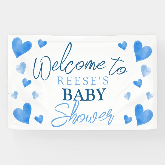 Lona Banner de bienvenida de Baby Shower Blue Hearts Wi (Horizontal)