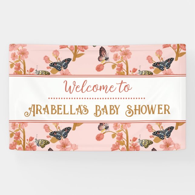 Lona Banner de bienvenida de Baby Shower con mariposa r (Horizontal)