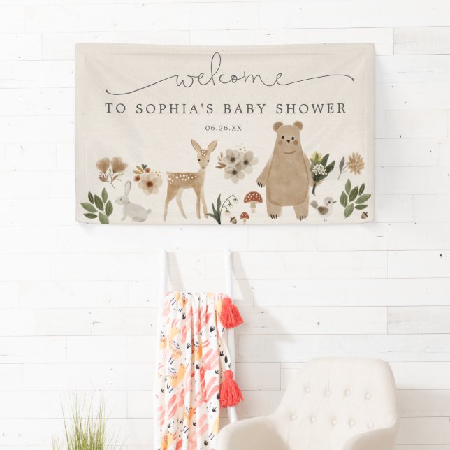 Lona Banner de bienvenida de Baby Shower de Boho Woodla (In situ)