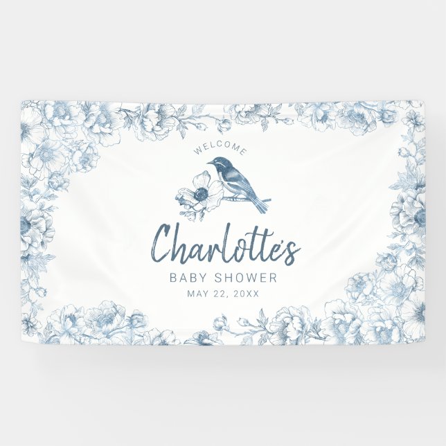 Lona Banner de bienvenida de Baby Shower Dusty Blue Flo (Horizontal)