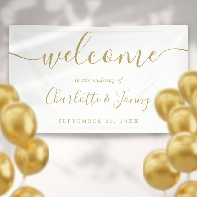 Lona Banner de bienvenida de Boda de escritura de firma (Gold Signature Script Wedding Welcome Banner)
