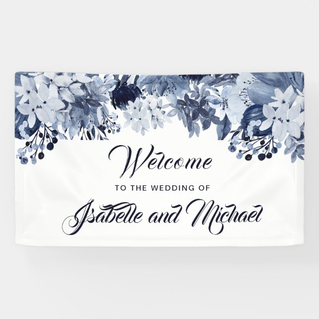 Lona Banner de bienvenida de Indigo Garden Blue Floral  (Horizontal)