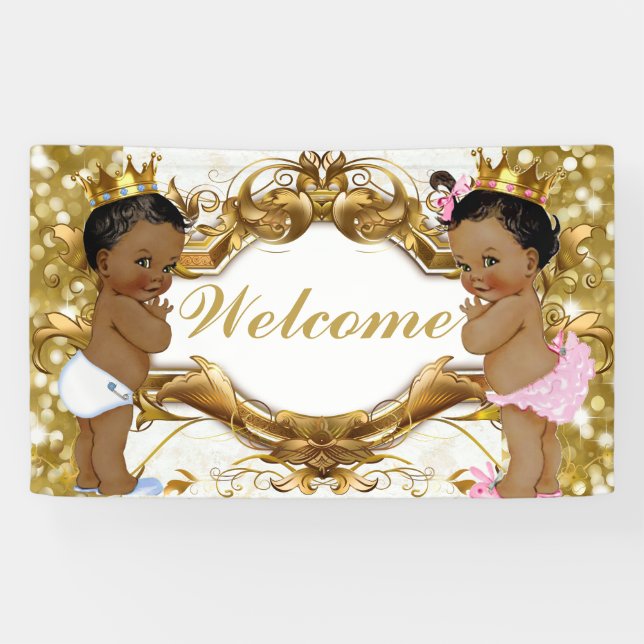 Lona Banner de bienvenida de oro para príncipe y prince (Horizontal)