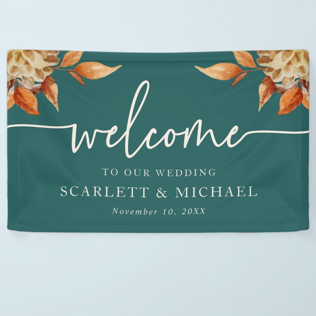 Lona Banner de bienvenida de otoño rústico (Rustic Fall Floral Welcome 
Sign Banner by Painted Paperie
)