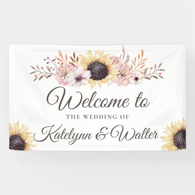 Lona Banner de bienvenida de Sunflowers Bouquet Boda (Horizontal)