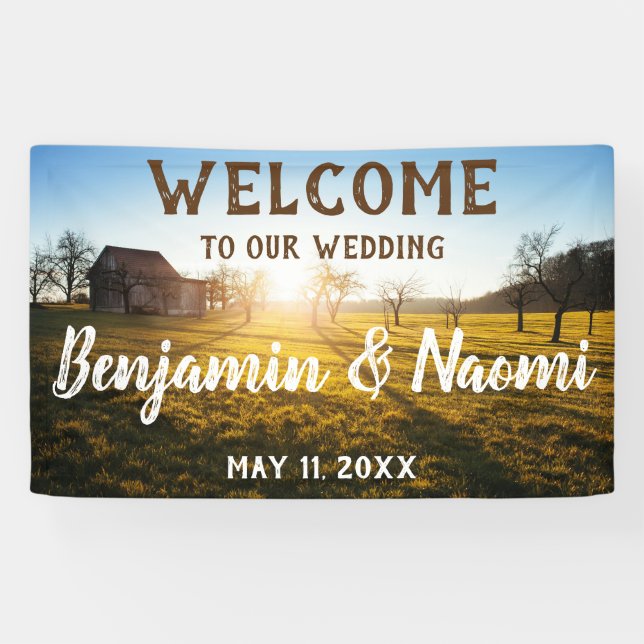 Lona Banner de bienvenida del Boda Farm Sunset (Horizontal)