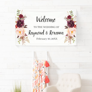 Lona Banner de bienvenida del Boda Marsala Flowers