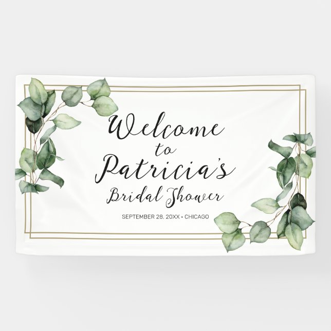 Lona Banner de bienvenida Gold Greenery Bridal Shower (Horizontal)