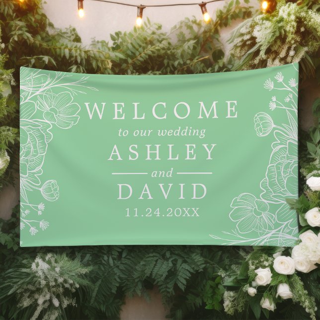 Lona Banner de bienvenida Neo Mint Modern White Floral (Subido por el creador)