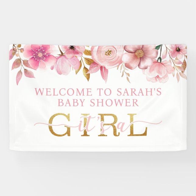 Lona Banner de Bienvenida para Baby Shower Rosa Floral  (Horizontal)
