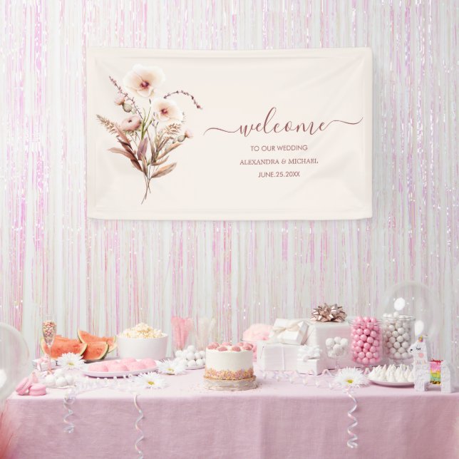 Lona Banner de Boda de flores silvestres de color neutr (Fiesta)