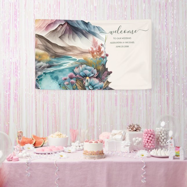 Lona Banner de Boda de la Montaña Rustic Watercolor (Fiesta)