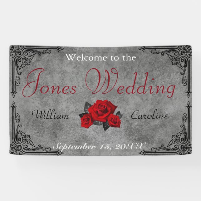 Lona Banner de Boda de rosa blanca y negra gótica (Horizontal)