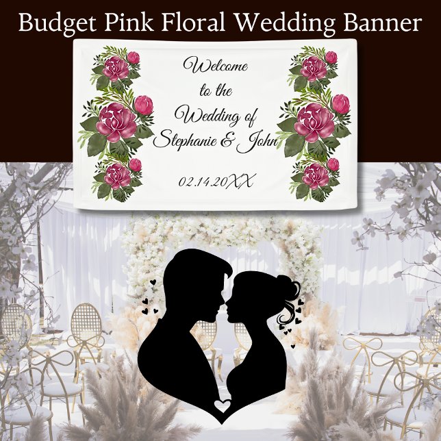 Lona Banner de Boda floral rosado del presupuesto (Budget Pink Floral Wedding Banner)