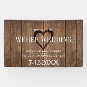 Lona Banner de Boda Rústico de Madera y Corazón grabado