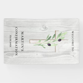 Lona Banner de confirmación de cruz de madera blanca