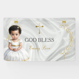 Lona Banner de Cruz Dorada para Bautizo de Niña