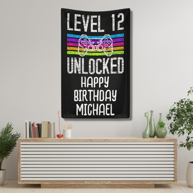 Lona Banner de cumpleaños 12 desbloqueado de nivel 12 (Level up your gamer's 12th birthday with this fun game controller banner. )