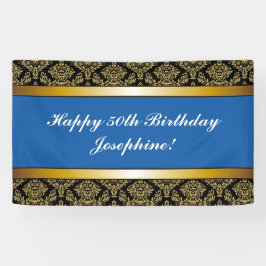 Lona Banner de cumpleaños Blue Any Age Gold Damask