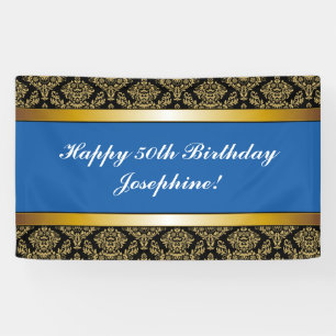 Lona Banner de cumpleaños Blue Any Age Gold Damask
