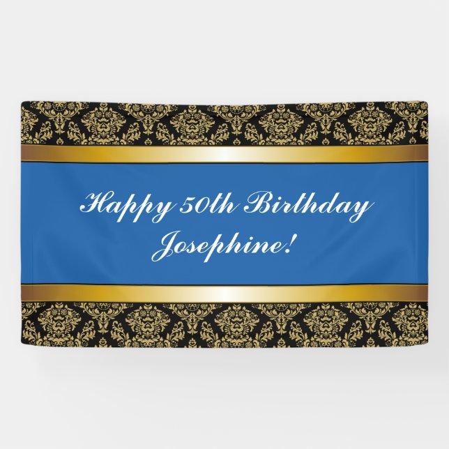 Lona Banner de cumpleaños Blue Any Age Gold Damask (Horizontal)