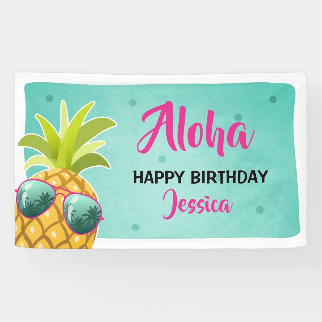 Lona Banner de cumpleaños de Aloha Pineapple Chica Trop (Horizontal)