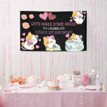 Banner de cumpleaños de bebé rosa y negra
