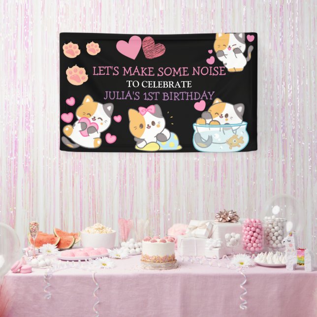 Lona Banner de cumpleaños de bebé rosa y negra (Fiesta)