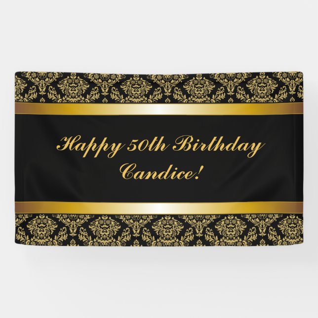 Lona Banner de cumpleaños de Black Any Age Gold Damask (Horizontal)
