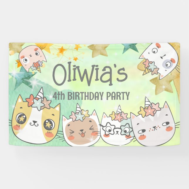 Lona Banner de cumpleaños de caticorn mágico (Horizontal)