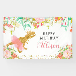 Lona Banner de cumpleaños de dinosaurios rosados floral