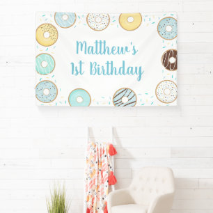 Lona Banner de cumpleaños de donut azules rociado