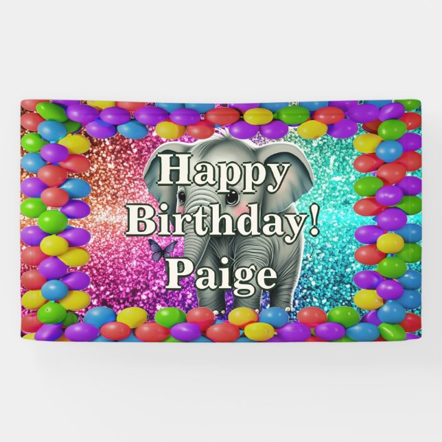 Lona Banner de cumpleaños de Elephant Personalized (Horizontal)