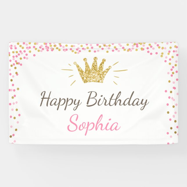 Lona Banner de cumpleaños de la princesa Royal Pink and (Horizontal)