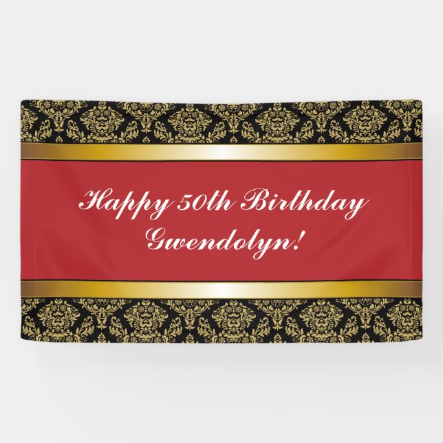 Lona Banner de cumpleaños de oro de Red Any Age Damask (Horizontal)