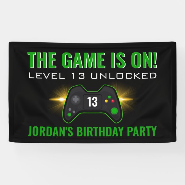 Lona Banner de cumpleaños de videojuego verde (Horizontal)