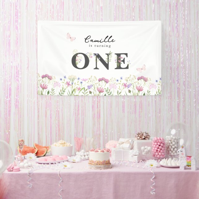 Lona Banner de cumpleaños de Watercolor Little Wildflow (Fiesta)
