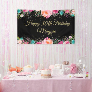 Lona Banner de cumpleaños feliz dorado color rosa flora