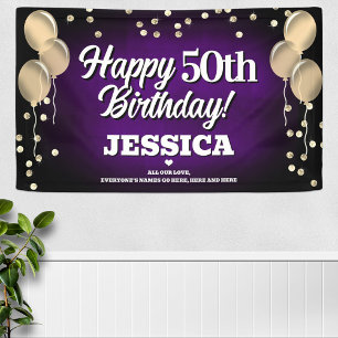 Lona Banner de cumpleaños feliz morado y dorado