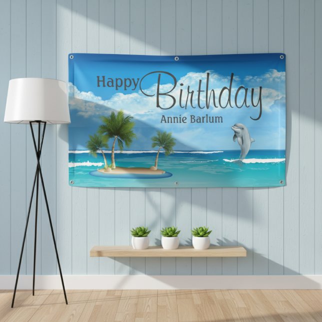 Lona Banner de cumpleaños feliz para delfines de person ("Dolphin Dream" Tropical Island Birthday Banner)
