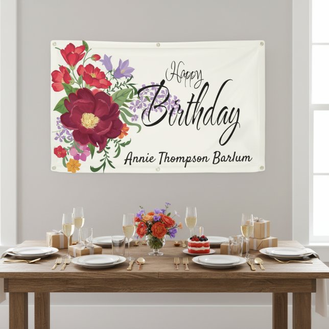 Lona Banner de cumpleaños feliz personalizado de floral (Floral Personalized Happy Birthday Banner)