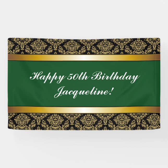 Lona Banner de cumpleaños Green Any Age Gold Damask (Horizontal)