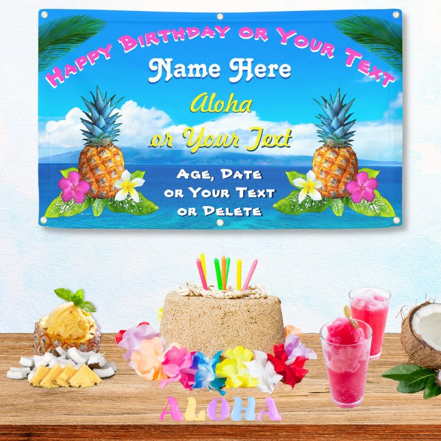 Lona Banner de cumpleaños hawaiano con imágenes reales  (Tropical Birthday Theme. Fun, 50th Luau birthday party ideas, or, Hawaiian Sweet 16 party ideas.)
